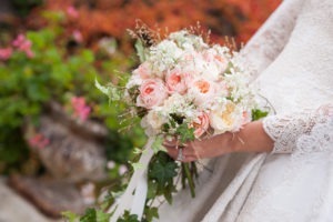 Bridal bouquet with peach and pink flowers