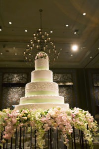 wedding cake with pink and green flowers