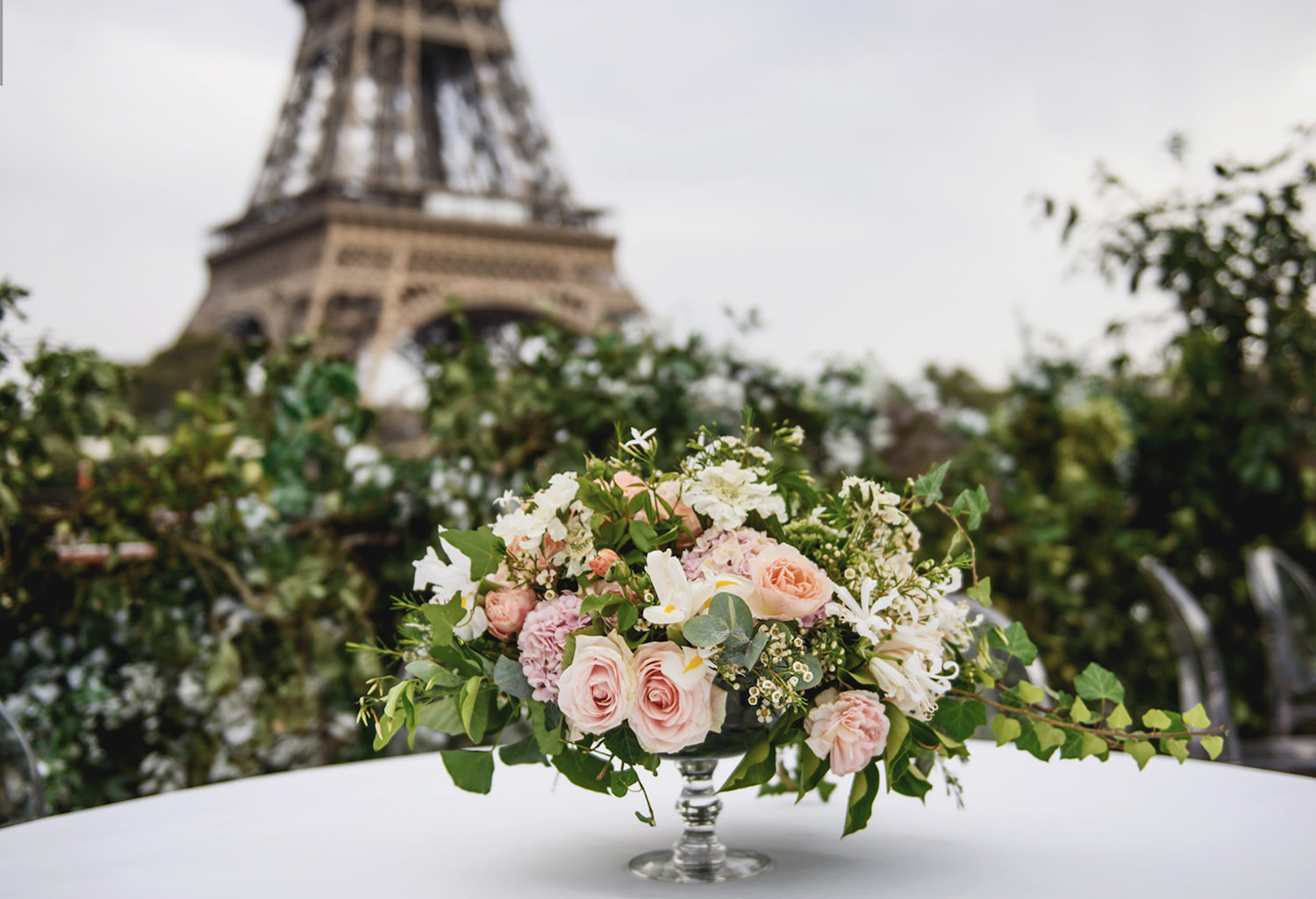 Paris river cruise peony floral decor with Eiffel Tower view
