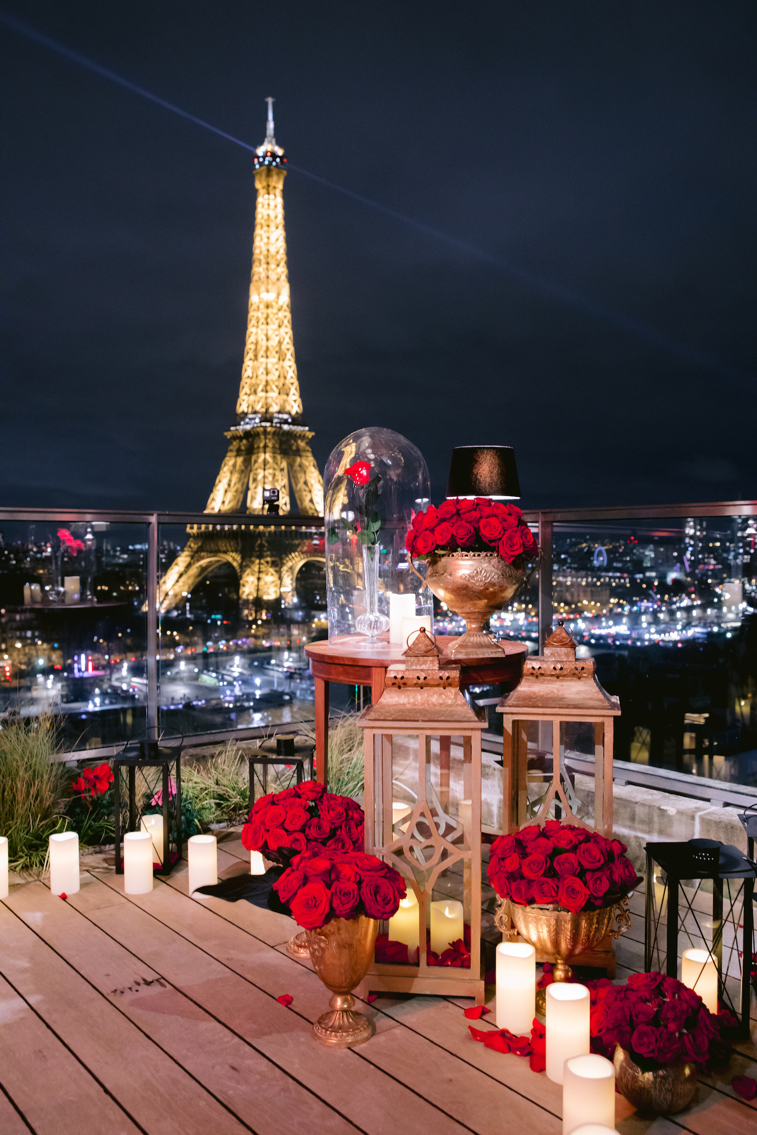 romantic paris proposal decoration roses candles hurricane lanterns