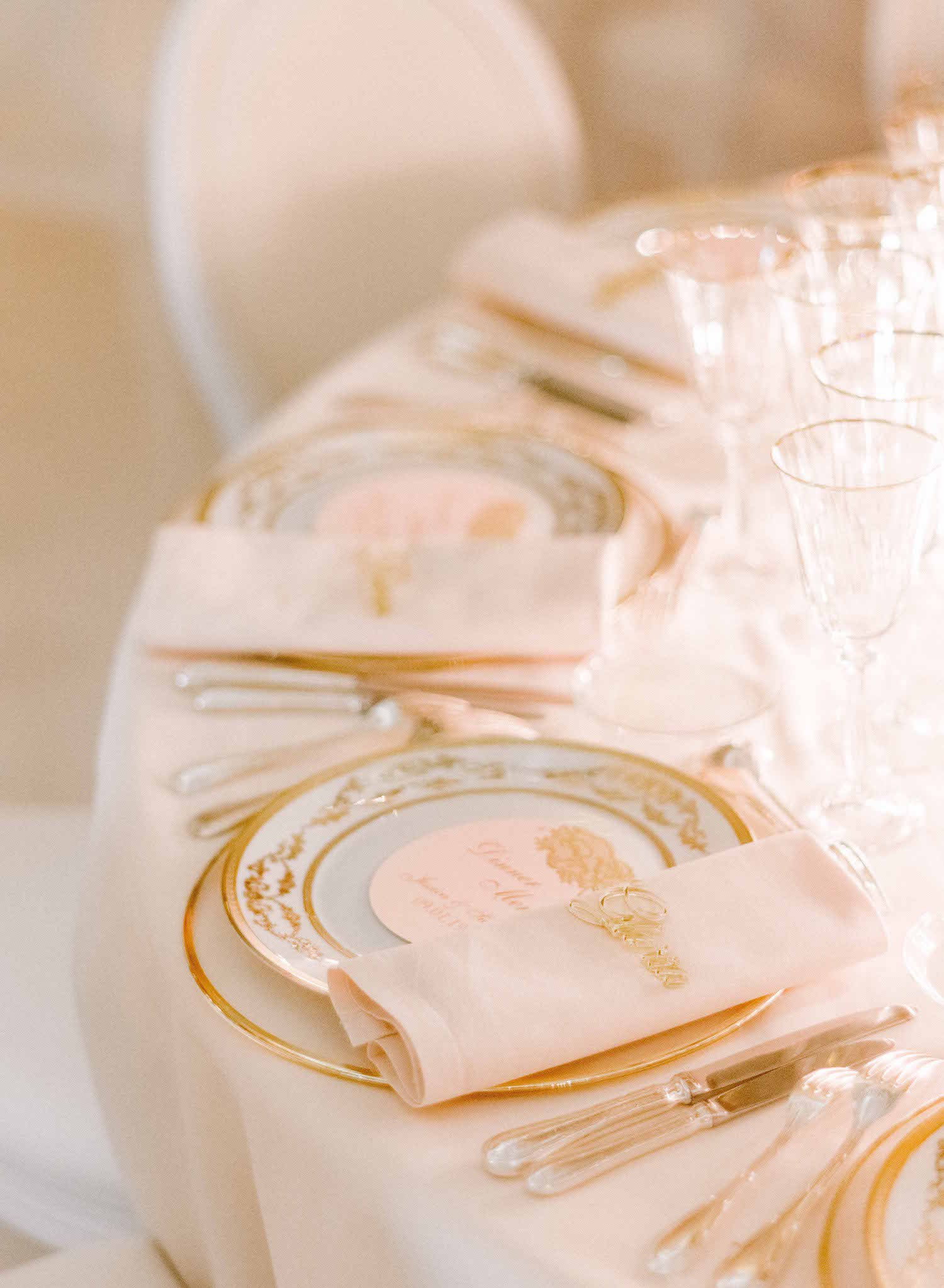 blush napkins and menus with gold plates