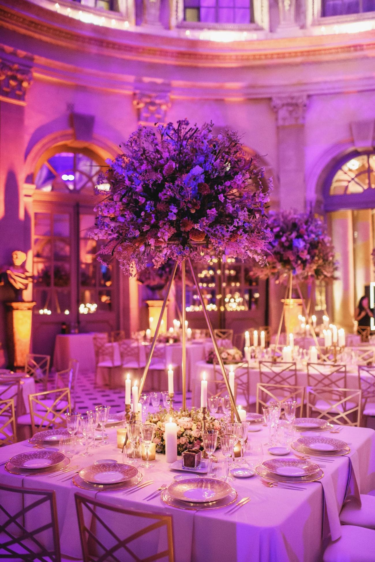wedding at Chateau de Vaux-le-Vicomte purple lighting design